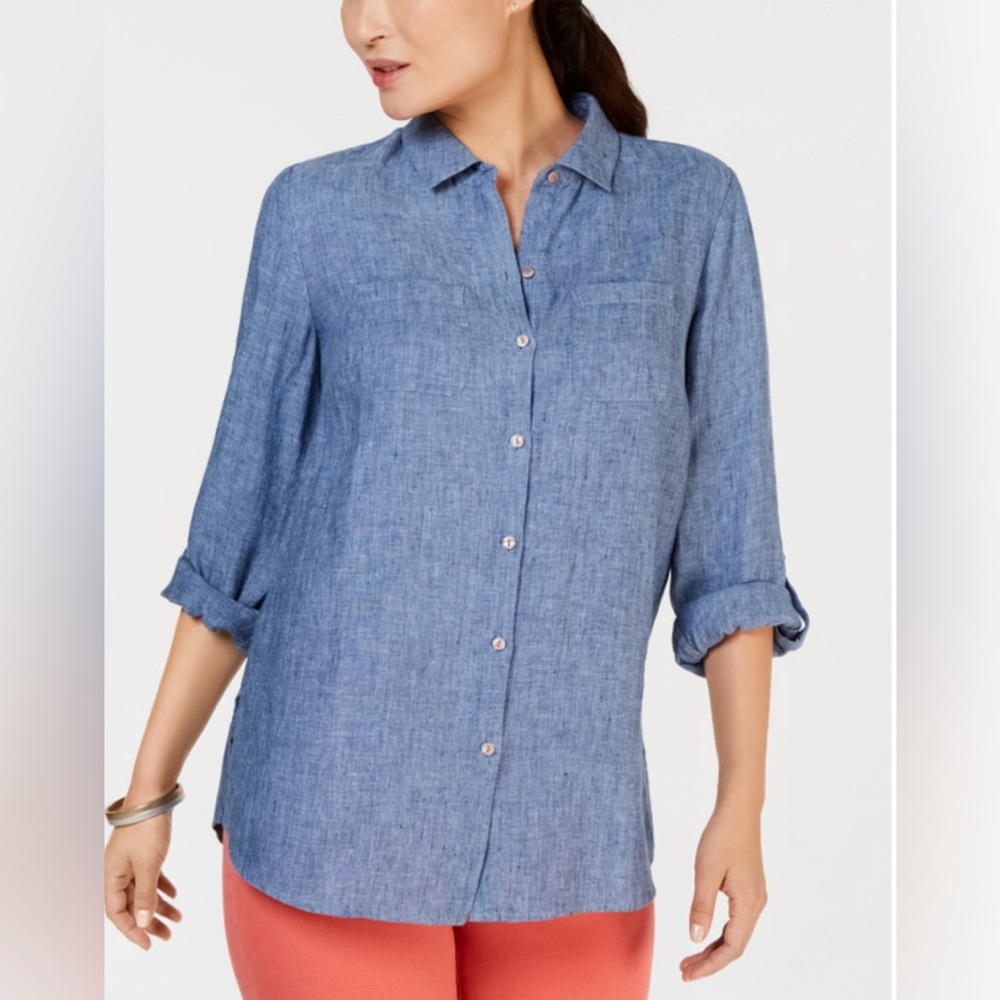 CHARTER CLUB LUXURY 100% Linen Roll-tab Sleeve Shirt